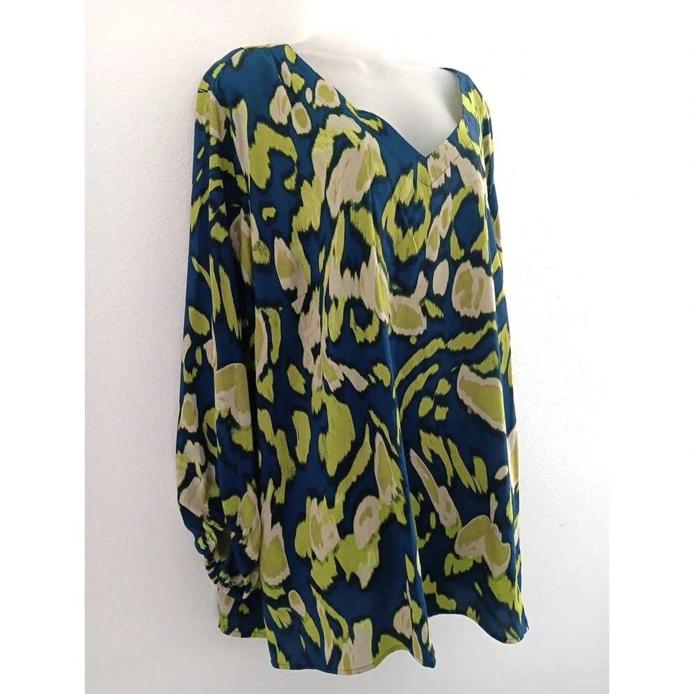Bellisima by Kim Gravel Tunic Womens Plus 3X Green Blue Flowing Geometric Career - Picture 2 of 12